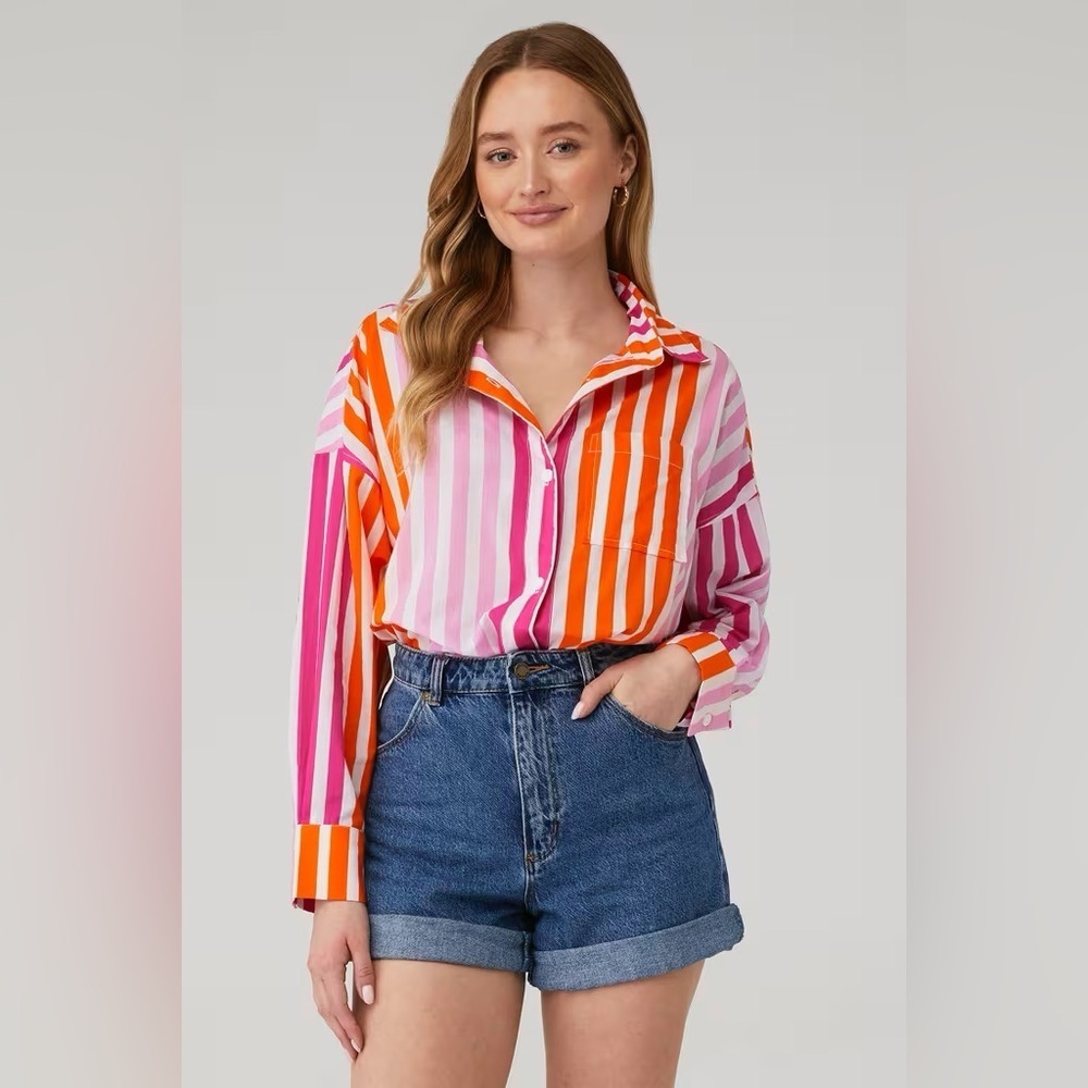 Beach Riot Pink and Orange Striped Button Down Shirt
